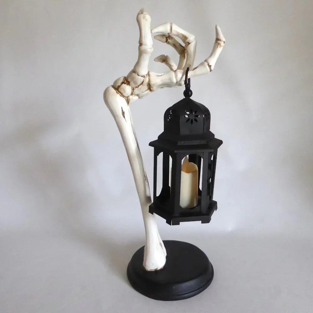 NEW 16” GOTHIC HALLOWEEN SKELETON ARM HOLDING METAL LANTERN CANDLE SCULPTURE - Picture 1 of 14